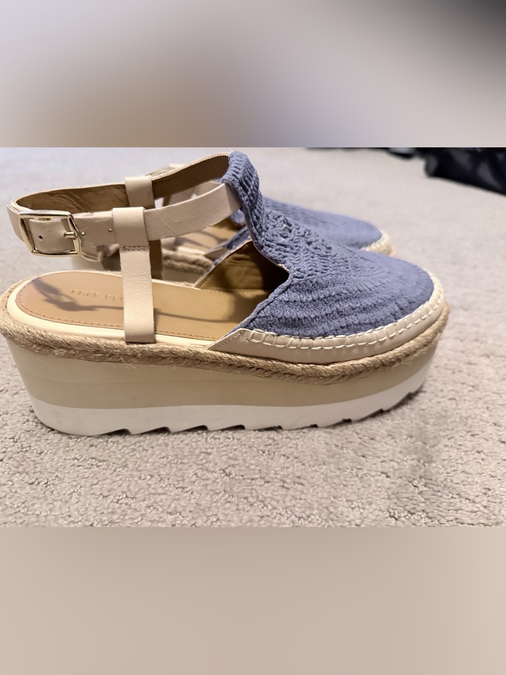 Free People Blue Platform Espadrille Mary Jane Sandals with Cream Rope Trim
